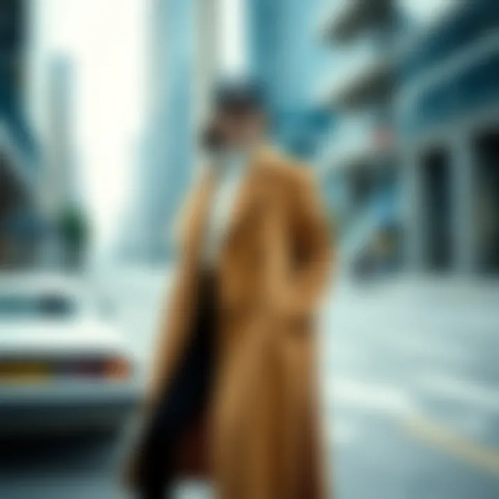 Model showcasing the long coat in an urban setting