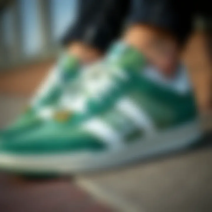 Close-up of Benetton green shoes showcasing design details