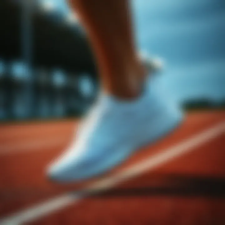 Stylish white running shoes on a track