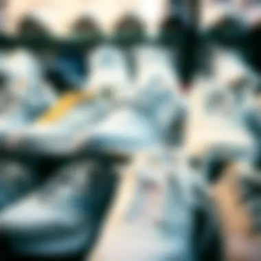 Various brands of white running shoes displayed together