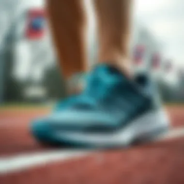 Close-up of running shoes on a track.