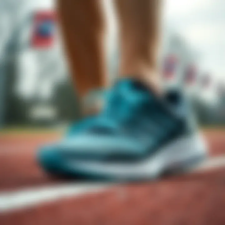 Close-up of running shoes on a track.