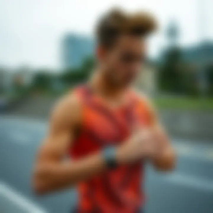 A runner checking their smartwatch for distance.