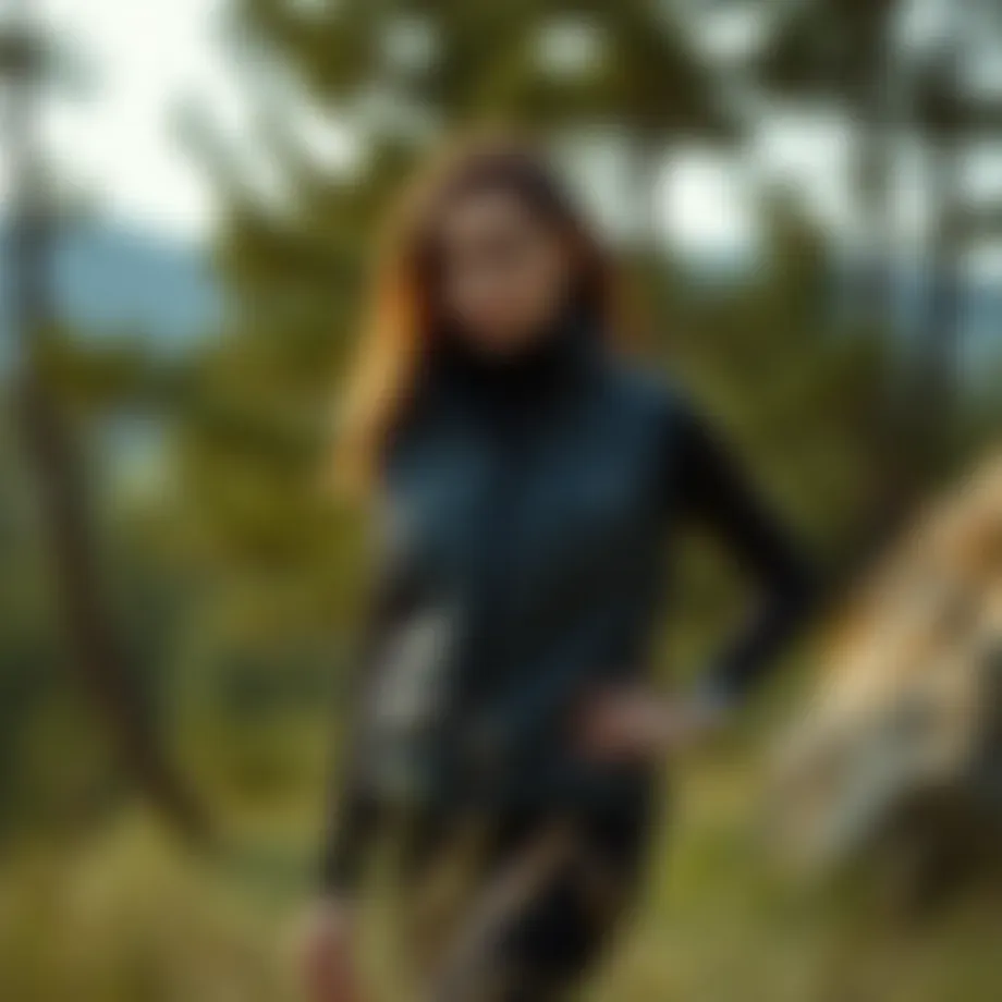 Elegant woman showcasing a down vest in a nature setting