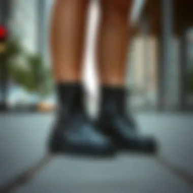 Close-up of trendy short boots in urban setting