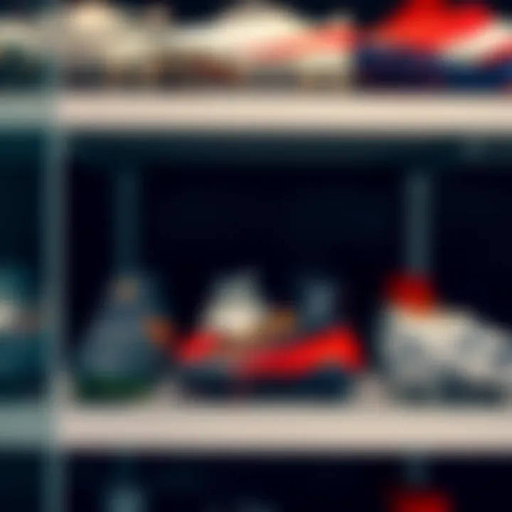 Different types of soccer cleats displayed on a shelf