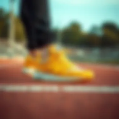 Vibrant yellow New Balance sneakers on a running track