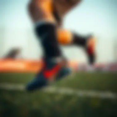 Dynamic action shot of a child wearing Nike Air cleats on the field.