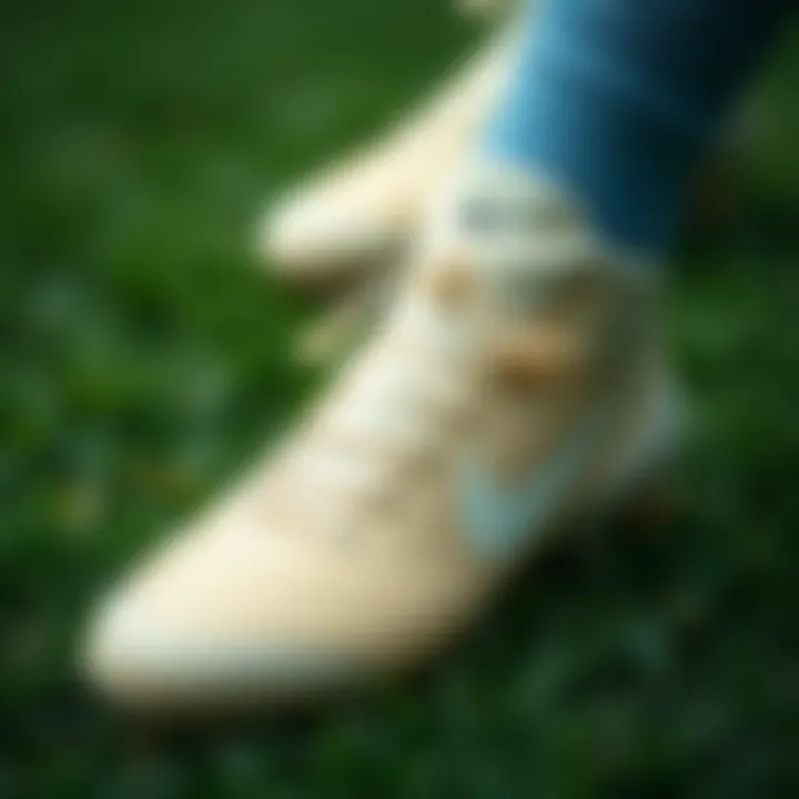 Close-up of plastic studded soccer cleats on a grass field