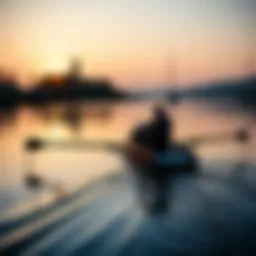 A scenic view of a rowing boat gliding through calm waters at sunrise