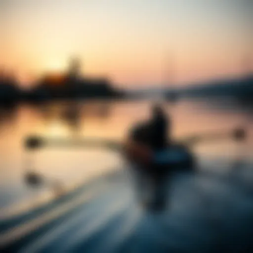 A scenic view of a rowing boat gliding through calm waters at sunrise