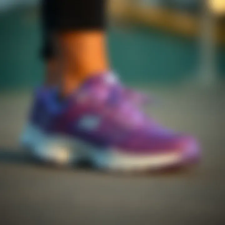 Close-up of the Skechers D'Lites purple detailing and design