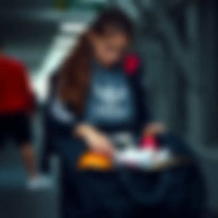 Packing Essentials in a Sport Bag A girl packing her sports bag with essentials for a workout