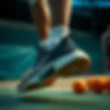Dynamic action shot of a tennis player on the court showcasing footwear performance