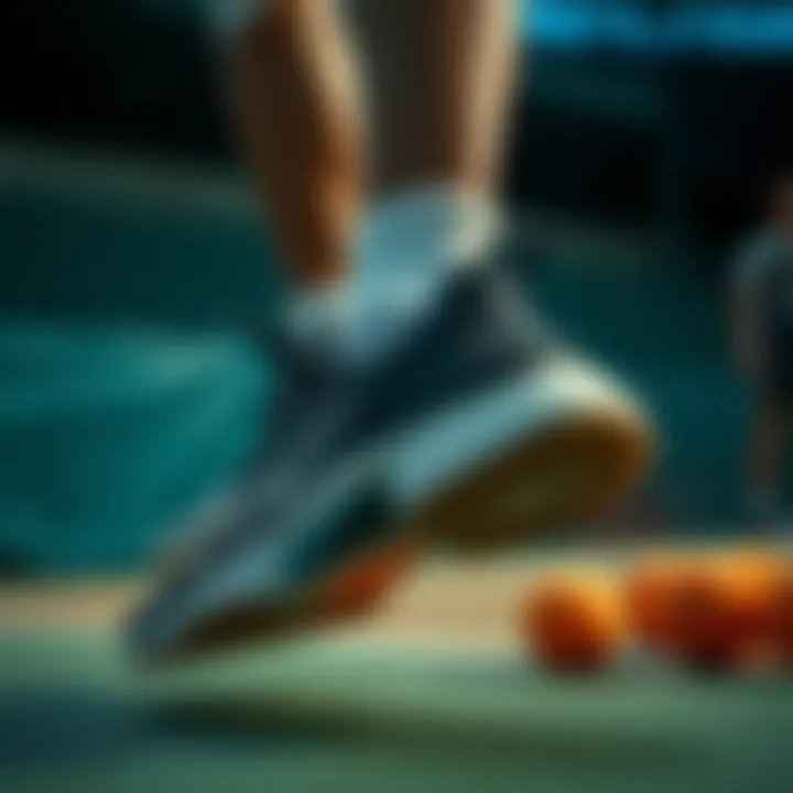 Dynamic action shot of a tennis player on the court showcasing footwear performance