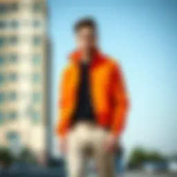 A stylish orange jacket paired with neutral trousers