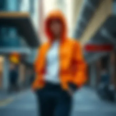 A vibrant orange jacket against an urban backdrop