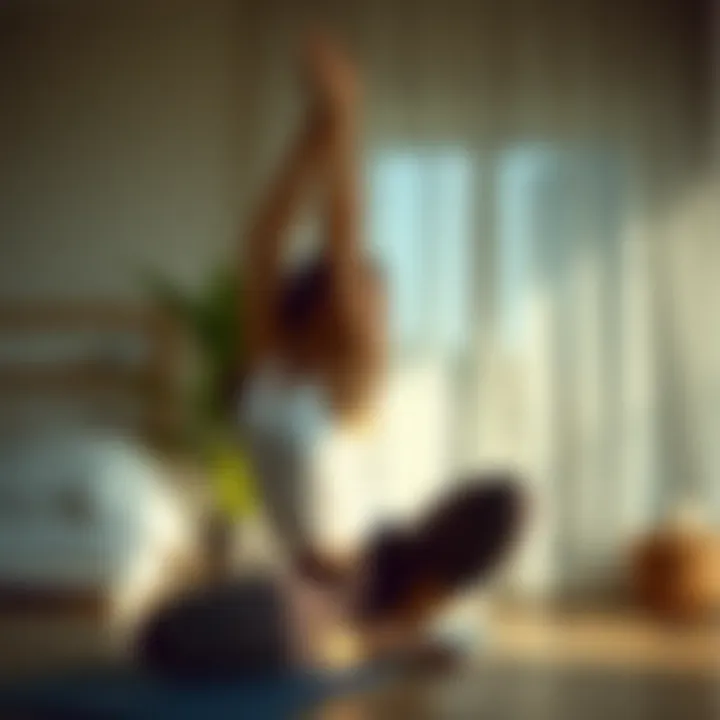 An individual engaged in yoga or stretching at home